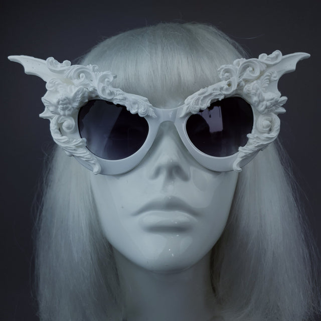 "Bathory" White Filigree Ornate Bat Wing & Cherub  Sunglasses