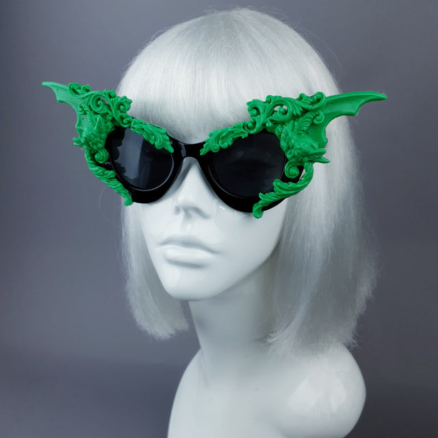"Bathory" Black & Green Filigree Ornate Bat Wing & Cherub  Sunglasses