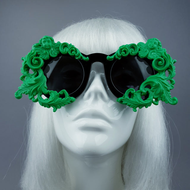 "Venus" Black & Green Filigree & Cherub Baroque Sunglasses