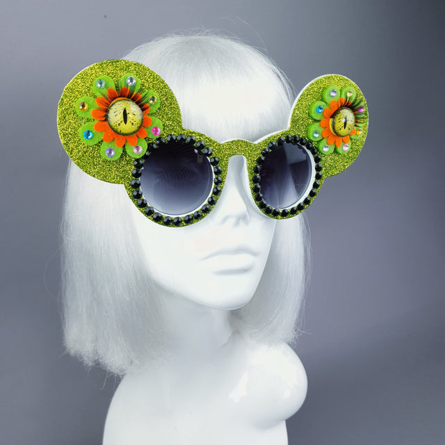 "Topo" Green Flower Eyes Glitter Mouse Ear Sunglasses