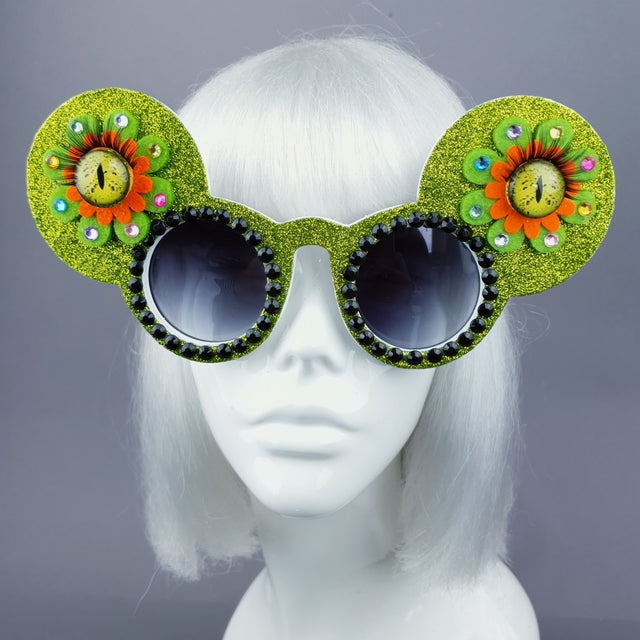 "Topo" Green Flower Eyes Glitter Mouse Ear Sunglasses