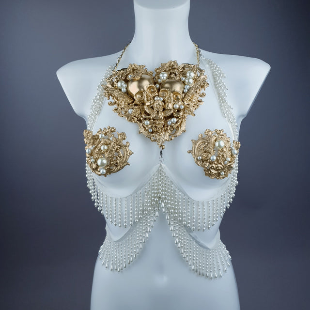"Selene" Gold Filigree Skulls & Pearl Neckpiece
