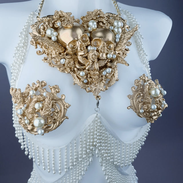 "Selene" Gold Filigree Skulls & Pearl Neckpiece