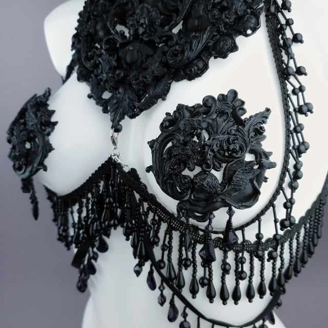 "Alzena" Black Filigree & Beading Body Jewellery with Nipple Pasties