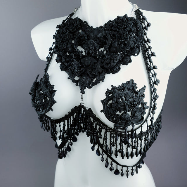 "Alzena" Black Filigree & Beading Body Jewellery with Nipple Pasties