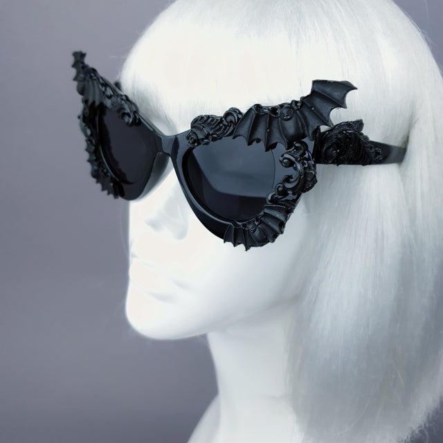 "Morticia" Black Filigree & Bat Sunglasses