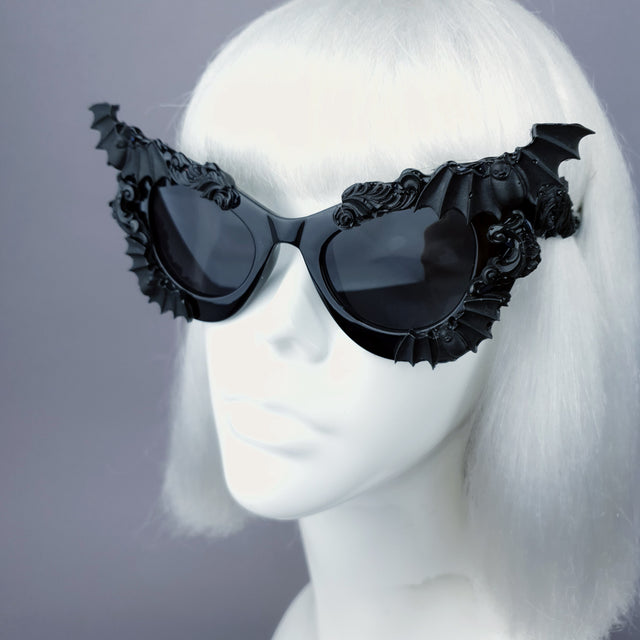 "Morticia" Black Filigree & Bat Sunglasses