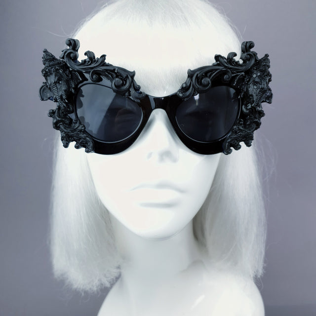 "Deva" Black Filigree Ganesh Catseye Sunglasses