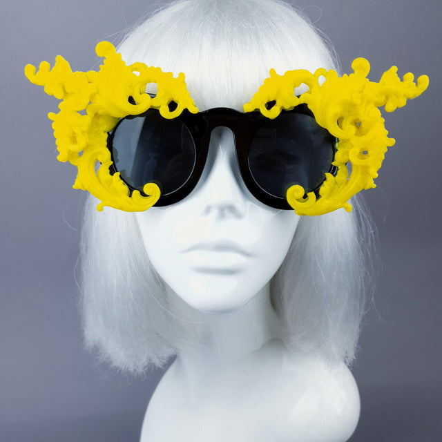 "La Barucci" Ornate Yellow Filigree on Black Sunglasses