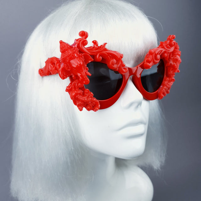 "Deva" Red Filigree Ganesh Catseye Sunglasses