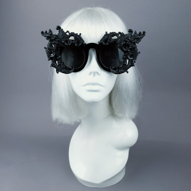 "La Barucci" Ornate Black Filigree on Black Sunglasses