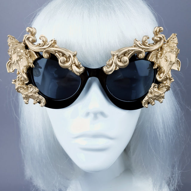 "Deva" Black & Gold Filigree Ganesh Catseye Sunglasses