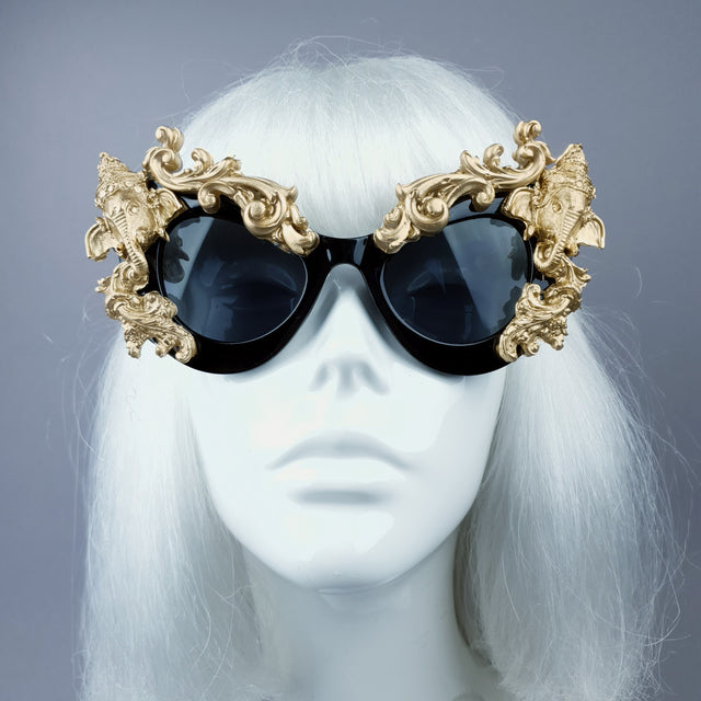 "Deva" Black & Gold Filigree Ganesh Catseye Sunglasses