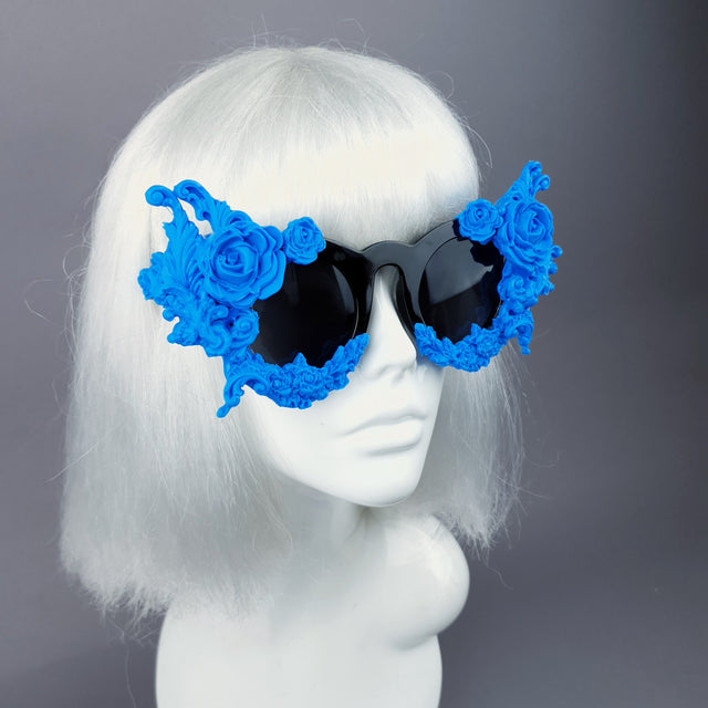 "La Belle Otero" Ornate Blue Filigree on Black Sunglasses