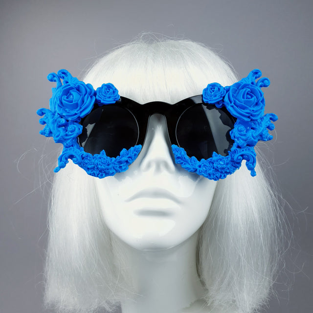 "La Belle Otero" Ornate Blue Filigree on Black Sunglasses