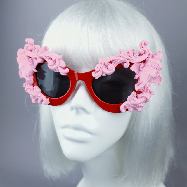 "Deva" Pink Filigree Ganesh on Red Catseye Sunglasses