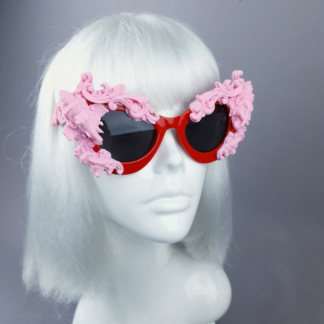 "Deva" Pink Filigree Ganesh on Red Catseye Sunglasses