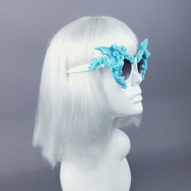 "Bathory" Light Blue & White Filigree Ornate Bat Wing & Cherub Sunglasses