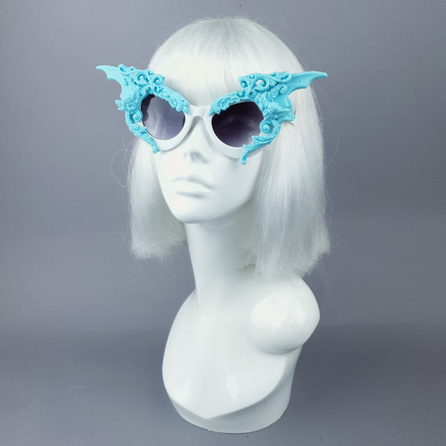 "Bathory" Light Blue & White Filigree Ornate Bat Wing & Cherub Sunglasses