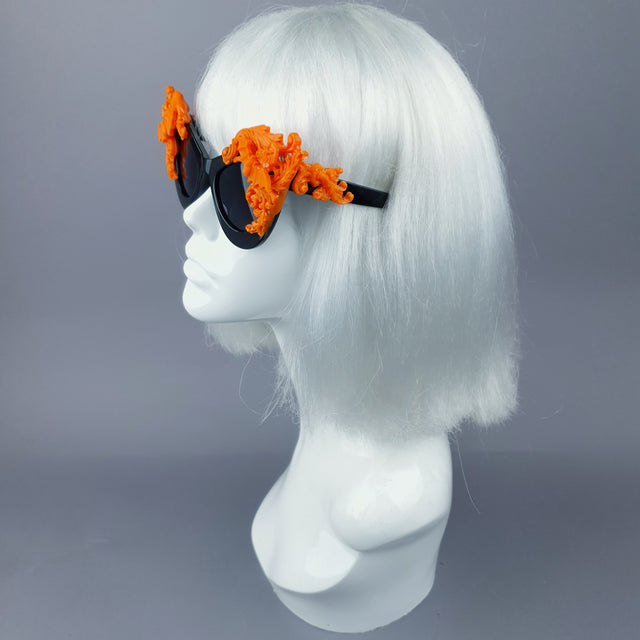 "Banshee" Ornate Orange Filigree & Bats on Black Sunglasses