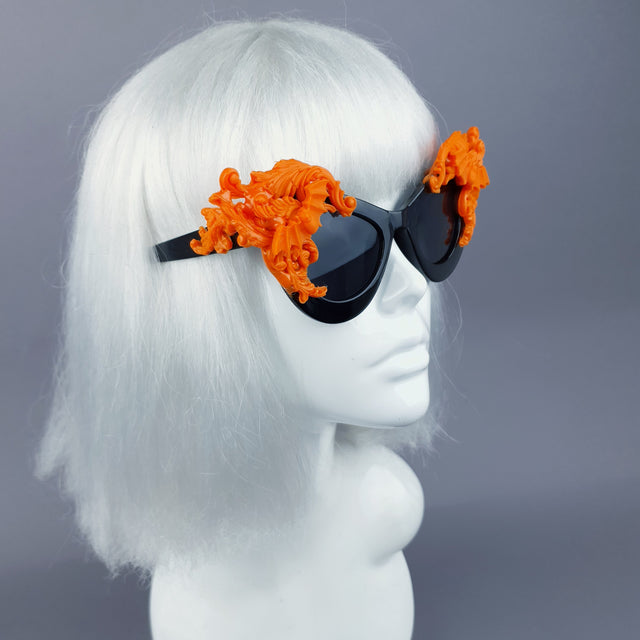 "Banshee" Ornate Orange Filigree & Bats on Black Sunglasses