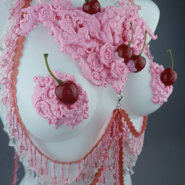"Sukero" Pink Cherry Filigree & Beading Body Jewellery with Nipple Pasties