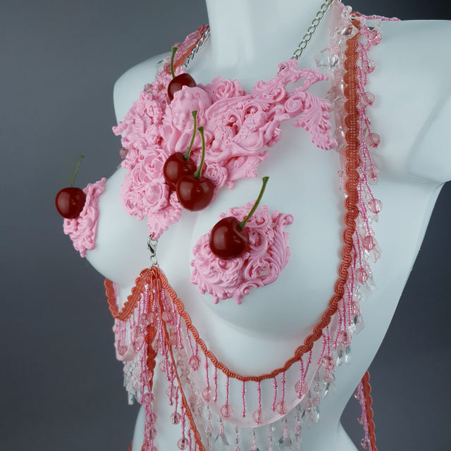 "Sukero" Pink Cherry Filigree & Beading Body Jewellery with Nipple Pasties