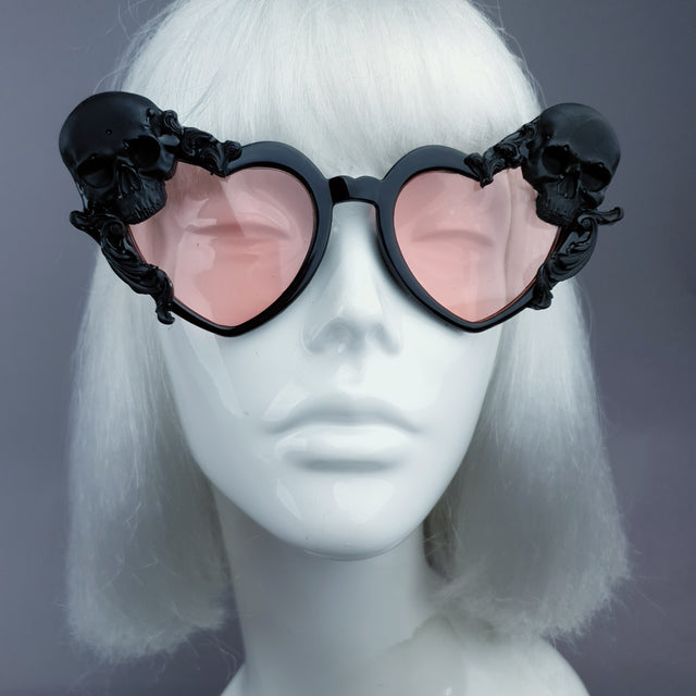 "Doom" Skull Heart Shaped Sunglasses - Black with Pink Lenses