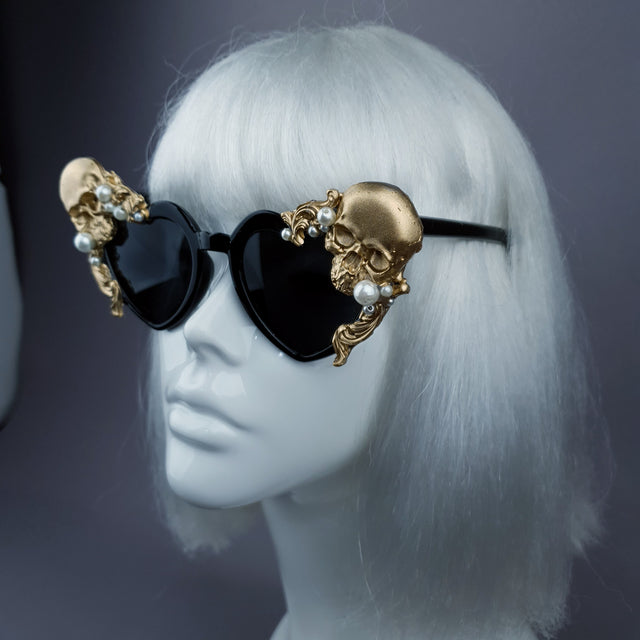 "Doom" Gold & Pearl Skull Black Heart Shaped Sunglasses