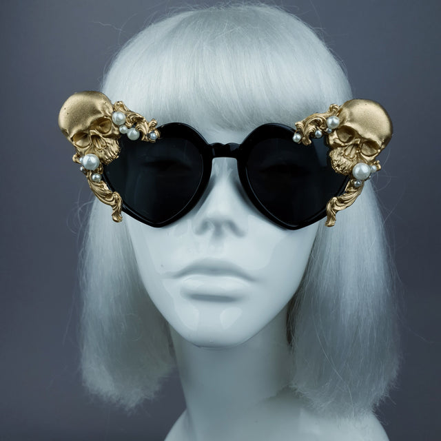 "Doom" Gold & Pearl Skull Black Heart Shaped Sunglasses