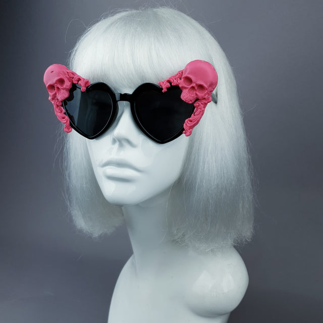"Doom" Pink Skull Black Heart Shaped Sunglasses