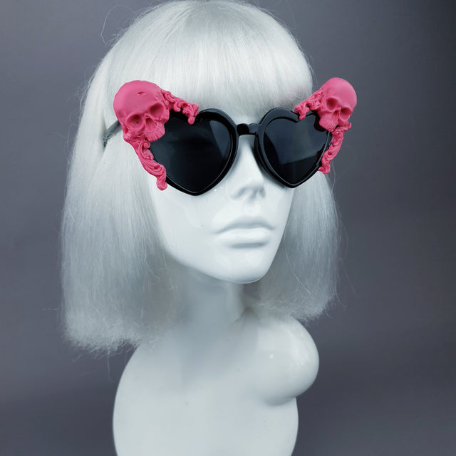 "Doom" Pink Skull Black Heart Shaped Sunglasses