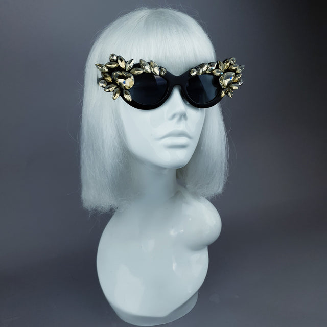 "Diamanda" Gold Diamante Jewel Cats Eye Sunglasses