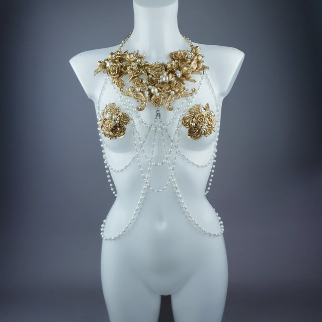 "Alchemy" Gold Rose & Pearl Harness Body Jewellery & Pasties.