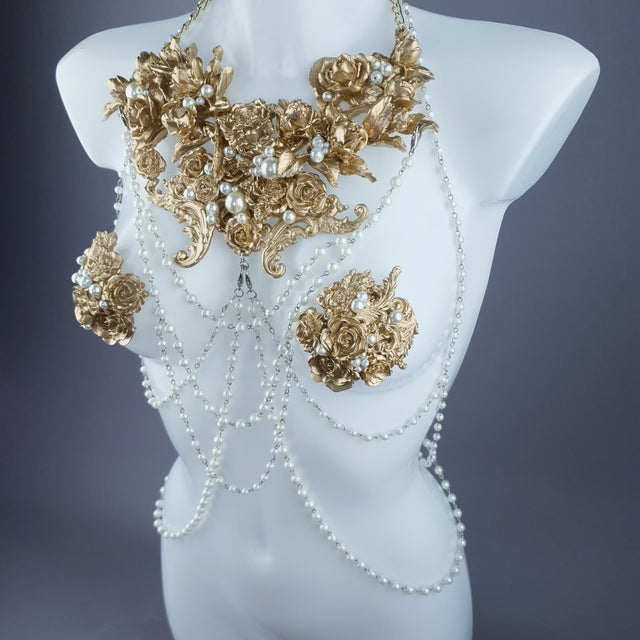 "Alchemy" Gold Rose & Pearl Harness Body Jewellery & Pasties.