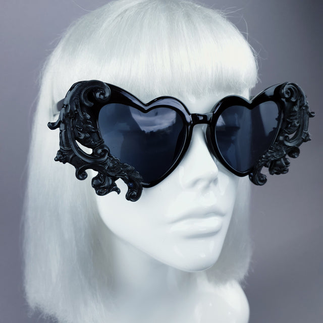 "Beloved" Black Filigree Heart Shaped Sunglasses