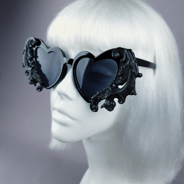 "Beloved" Black Filigree Heart Shaped Sunglasses