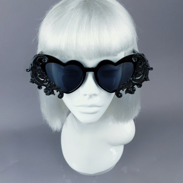 "Beloved" Black Filigree Heart Shaped Sunglasses