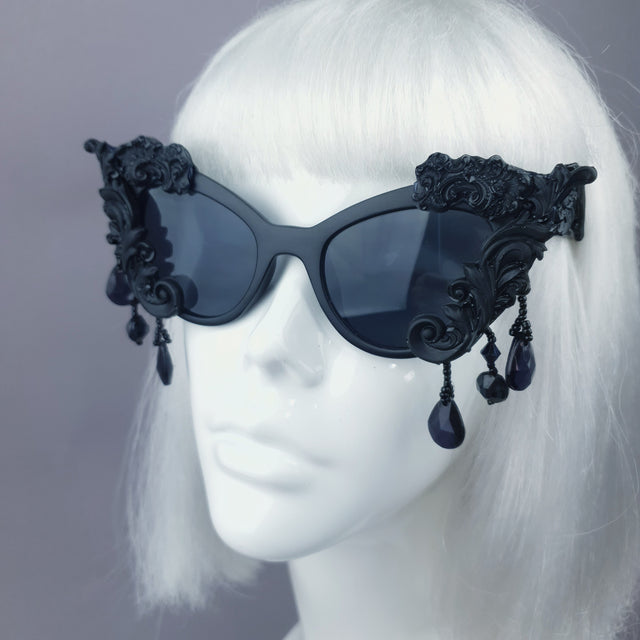 "Angel Eyes" Black Filigree Beading Catseye Sunglasses