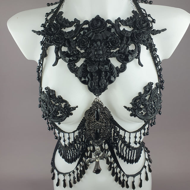 "Vasilissa" Black Filigree & Beading Jewellery Harness with Nipple Pasties