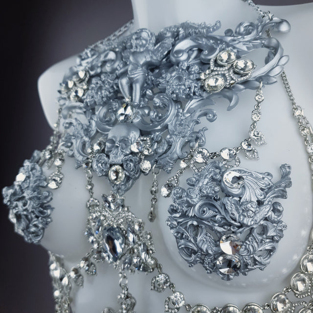 "Nymphodora" Silver Diamante Filigree Jewellery Harness with Nipple Pasties