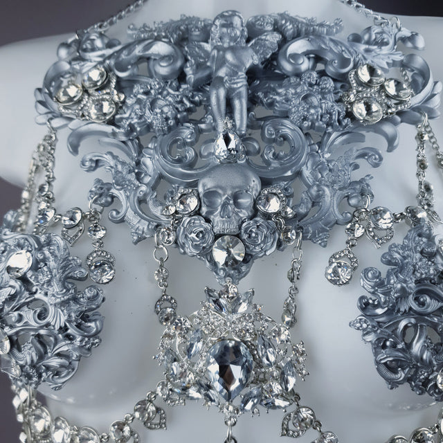 "Nymphodora" Silver Diamante Filigree Jewellery Harness with Nipple Pasties
