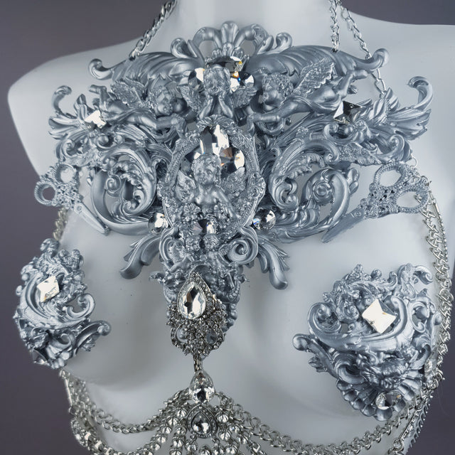 "Deusa" Silver Diamante Filigree & Beading Jewellery Harness with Nipple Pasties