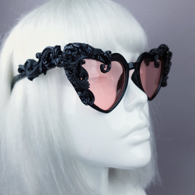"Desolado" Black Filigree Heart Shaped Pink Lenses Sunglasses