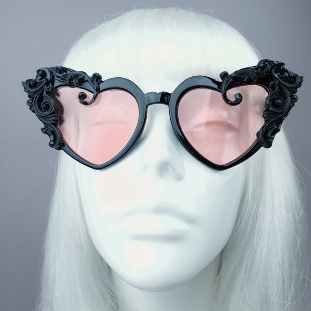 "Desolado" Black Filigree Heart Shaped Pink Lenses Sunglasses