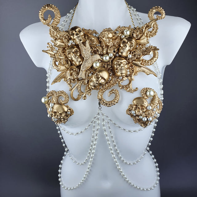 "Zlo" Gold & Pearl Filigree & Beading Jewellery Harness with Nipple Pasties