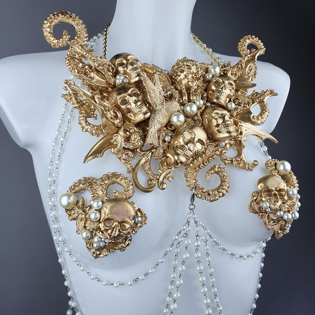 "Zlo" Gold & Pearl Filigree & Beading Jewellery Harness with Nipple Pasties