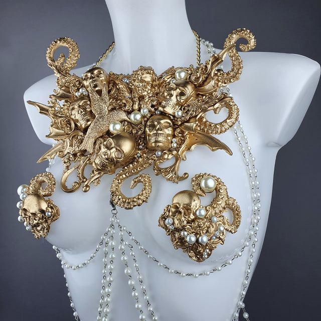 "Zlo" Gold & Pearl Filigree & Beading Jewellery Harness with Nipple Pasties
