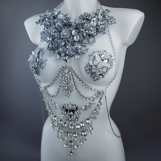 "Merayu" Silver Diamante Filigree Jewellery Harness with Pasties