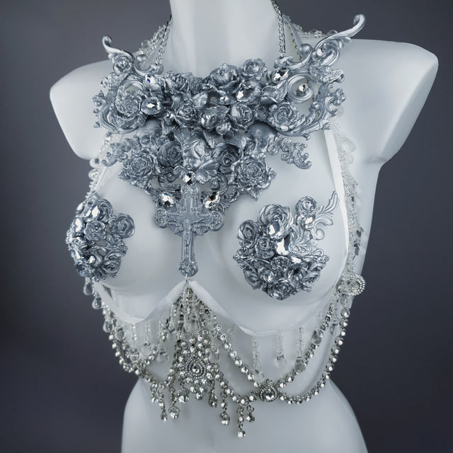 "Seduir" Silver Diamante Filigree Jewellery Harness with Pasties